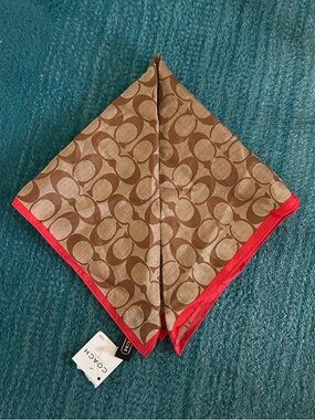 NWT Unisex Coach Scarf Made in Japan Cotton Silk 20" Square Brown with Red Trim
